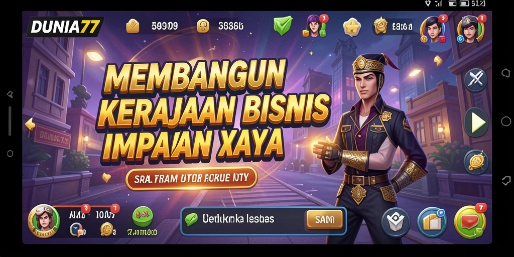 Screenshot gameplay DUNIA77 menampilkan pengelolaan bisnis yang strategis.