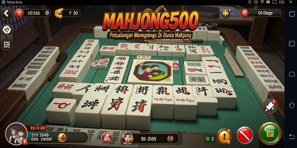 Screenshot gameplay MAHJONG500 menampilkan pertarungan dan puzzle menarik dalam sebuah dunia menawan.