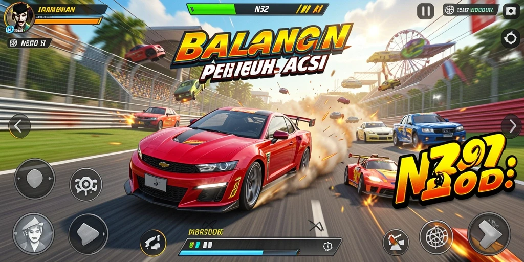 Screenshot gameplay N32 menampilkan aksi balapan yang mendebarkan.