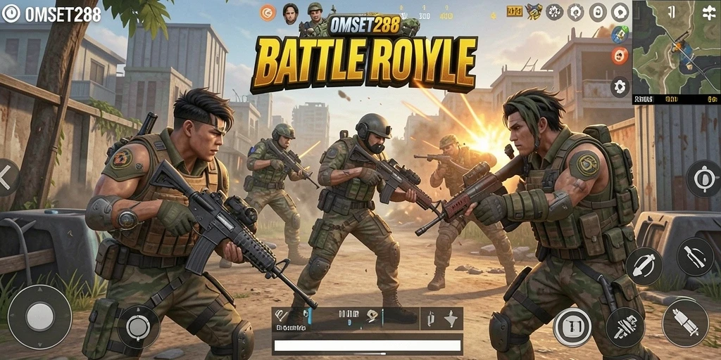 Tangkapan layar utama OMSET288 menampilkan aksi intens Battle Royale.