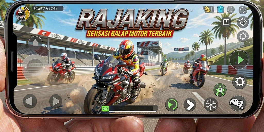 Gameplay menegangkan di RAJAKING dengan balapan motor yang cepat.