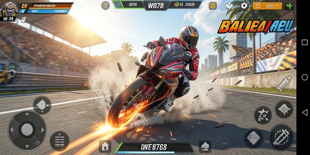 Tampilan gameplay mendebarkan dari WE878 yang penuh aksi balapan motor.